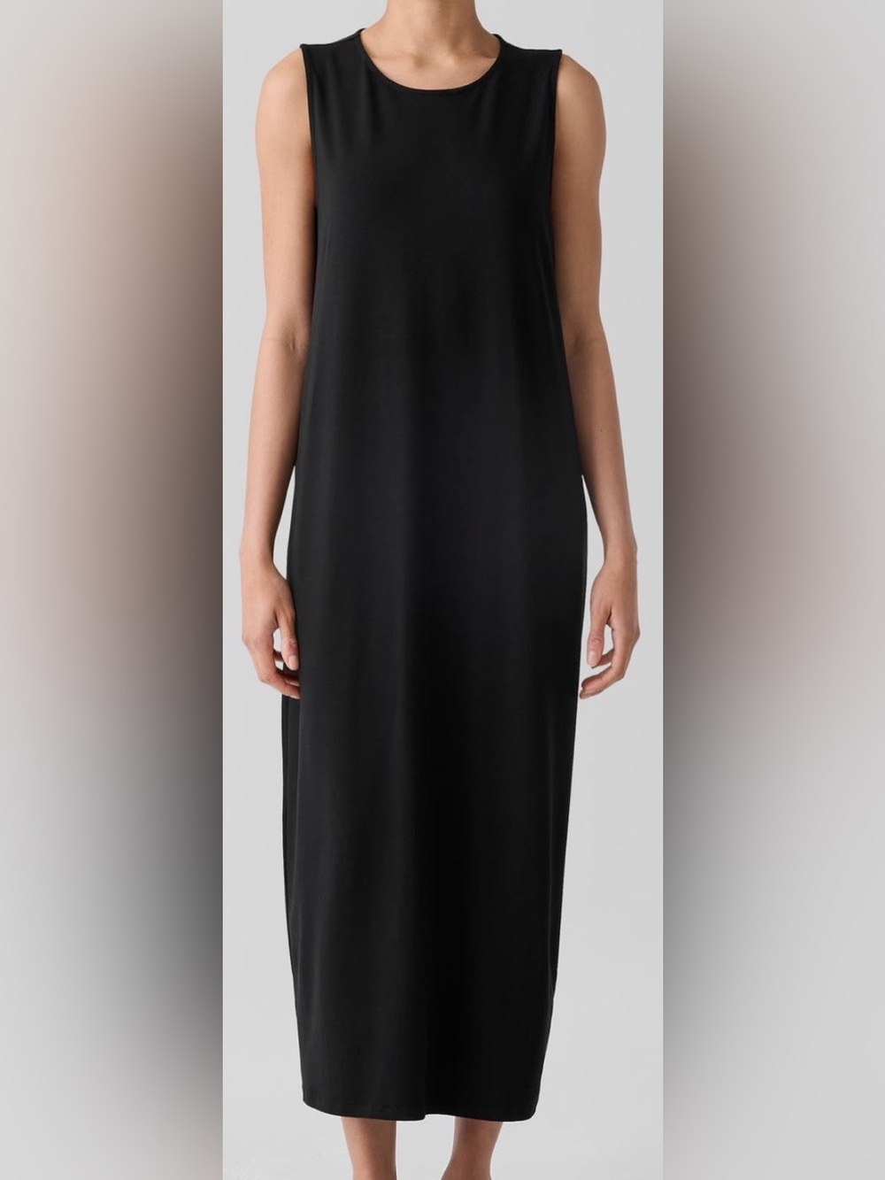 NWT, EILEEN FISHER Round Neck Oval Stretch Sleeveless Black Midi Dress, Size XL